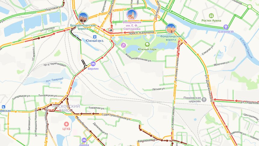 Из-за ДТП на проспекте Калинина водители застряли в пробках около Южного вокзала  - Новости Калининграда | Иллюстрация: скриншот сервиса «Яндекс.Карты» 