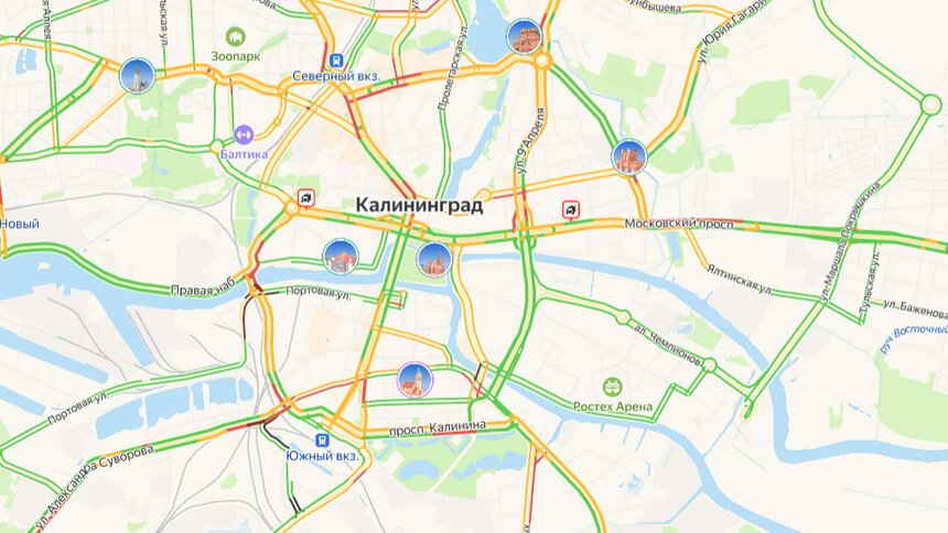 Два ДТП около острова Канта затруднили движение транспорта в центре Калининграда  - Новости Калининграда | Иллюстрация: скриншот сервиса «Яндекс.Карты» 
