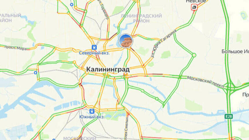 Две аварии и дождь: Калининград встал в семибалльных пробках - Новости Калининграда | Скриншот сервиса «Яндекс. Карты»