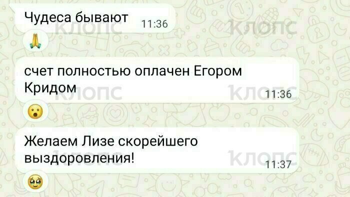 «Желаем Лизе скорейшего выздоровления!»: Егор Крид оплатил 11-летней калининградке с ДЦП курс реабилитации    - Новости Калининграда | Скриншот сообщения предоставила мама Лизы