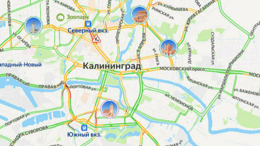 Проехать в центре сложно: карта пробок в Калининграде на вторник - Новости Калининграда | Скриншот сервиса «Яндекс. Карты»