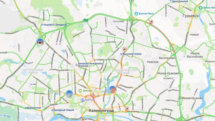 В Калининграде утром в среду выезды в сторону моря собрали километровые пробки  - Новости Калининграда | Иллюстрация: скриншот сервиса «Яндекс.Карты» 