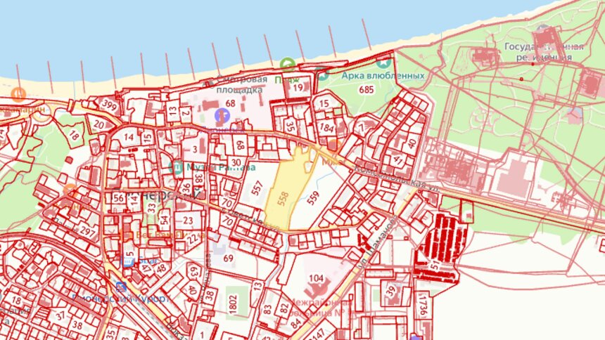 В Пионерском разрешили застроить многоквартирными домами крупный участок в центре города  - Новости Калининграда | Иллюстрация: кадастровая карта России 