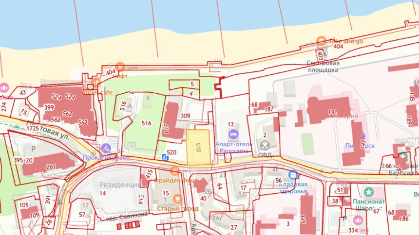В Пионерском разрешили строить гостиницу на месте бывшего Дома быта, она потеснит другую многоэтажку на склоне - Новости Калининграда | Иллюстрация: кадастровая карта России 
