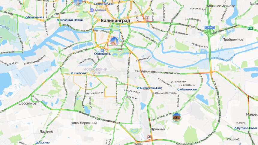 ДТП на Моспроспекте и на юге окружной: карта пробок в Калининграде  - Новости Калининграда | Иллюстрация: скриншот сервиса «Яндекс.Карты» 