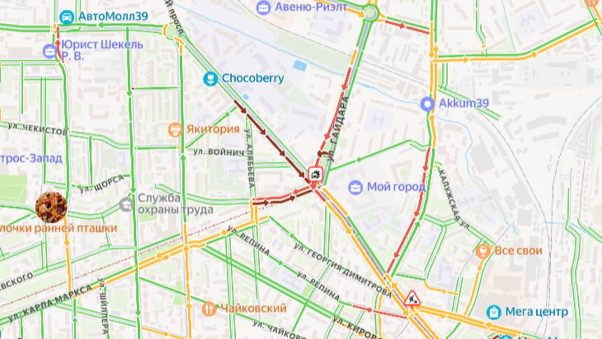ДТП на Советском проспекте утром в среду собирает пробки на соседних улицах  - Новости Калининграда | Иллюстрация: скриншот сервиса «Яндекс.Карты» 
