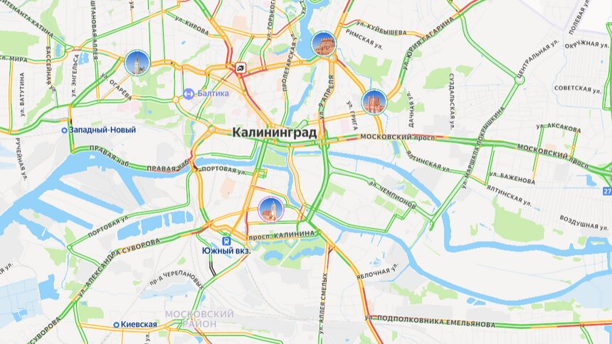 ДТП напротив ТЦ «Европа» вызвало пробки в центре Калининграда  - Новости Калининграда | Иллюстрация: скриншот сервиса «Яндекс.Карты» 