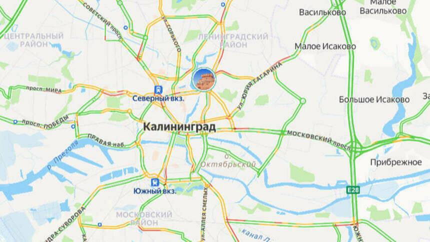 В центре проехать сложно: карта пробок в Калининграде на первое утро осени - Новости Калининграда | Скриншот сервиса «Яндекс. Карты»