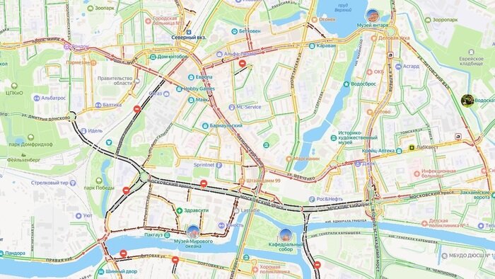 В центре Калининграда водители оказались заблокированными на перекрытых улицах из-за легкоатлетического марафона   - Новости Калининграда | Скриншот сервиса «Яндекс. Карты»