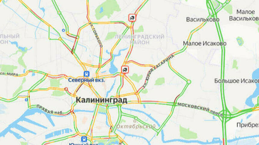 3 ДТП: карта пробок в Калининграде на утро среды - Новости Калининграда | Скриншот сервиса «Яндекс. Карты»