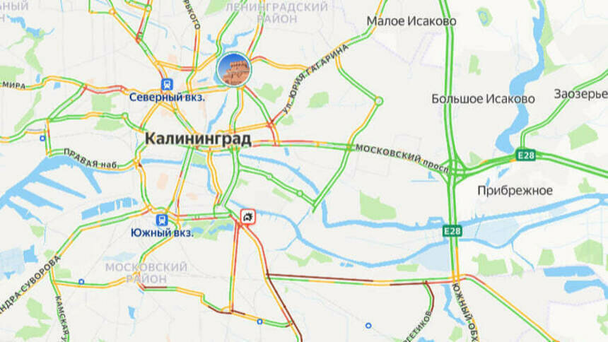 Ситуация — 7 баллов: карта пробок на утро понедельника - Новости Калининграда | Скриншот сервиса «Яндекс. Карты»