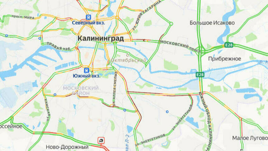 Ситуация — 8 баллов: карта пробок в Калининграде на утро среды - Новости Калининграда | Скриншот сервиса «Яндекс. Карты»