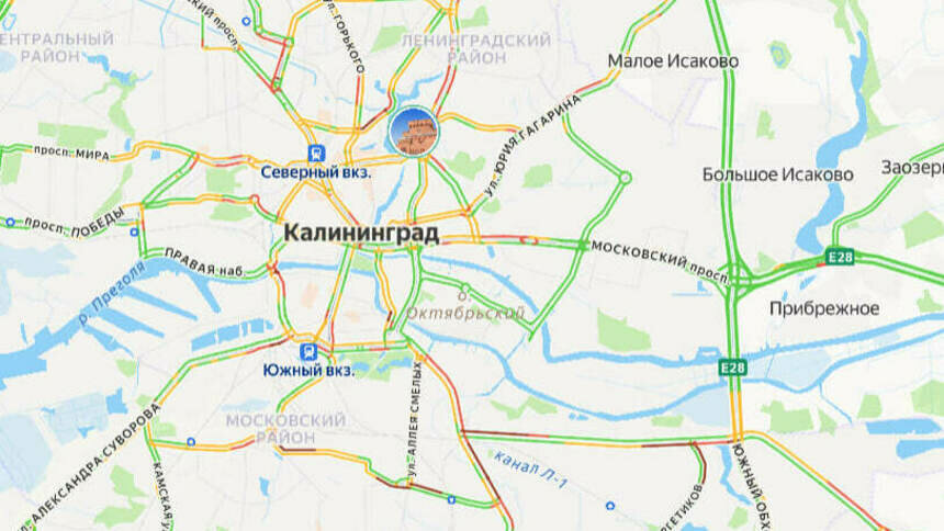 В центре проехать можно с трудом: карта пробок в Калининграде на утро четверга - Новости Калининграда | Скриншот сервиса «Яндекс. Карты»