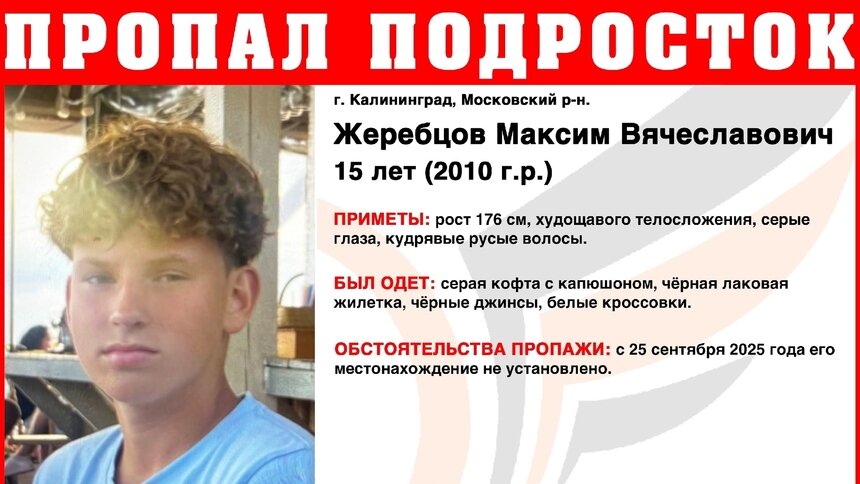 В Калининграде ищут высокого кудрявого подростка в чёрной лаковой жилетке - Новости Калининграда | Фото: ПСО «Запад»