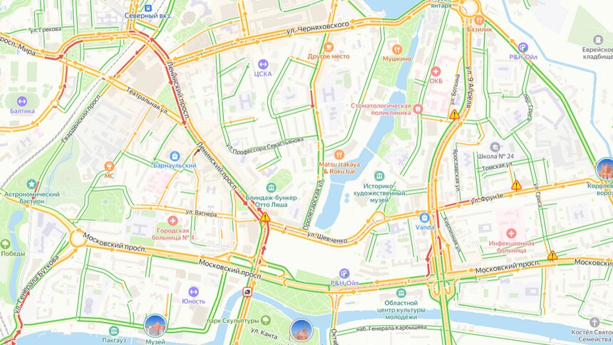 Из-за ДТП на Ленпроспекте в центре Калининграда собирается пробка  - Новости Калининграда | Иллюстрация: скриншот сервиса «Яндекс.Карты» 