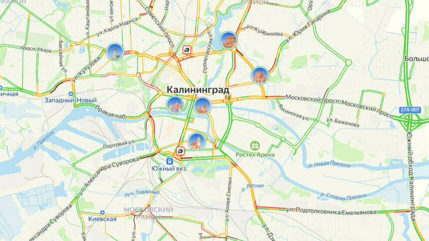 Ситуация — 7 баллов: карта пробок в Калининграде на утро вторника - Новости Калининграда | Скриншот сервиса «Яндекс. Карты»