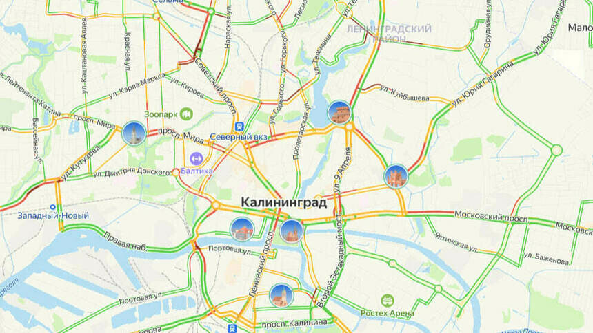 Центр стоит: карта пробок в Калининграде на утро понедельника - Новости Калининграда | Скриншот сервиса «Яндекс.Карты»