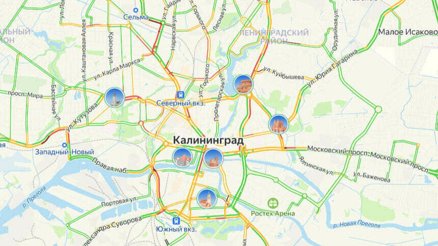 В центре проехать сложно: карта пробок в Калининграде на утро четверга - Новости Калининграда | Скриншот сервиса «Яндекс.Карты»