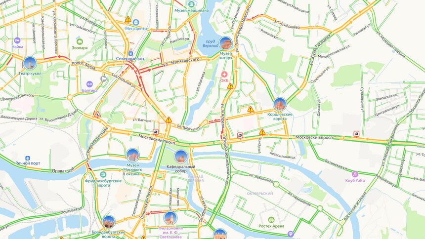 Три ДТП на Моспроспекте: центр Калининграда встал в пробках  - Новости Калининграда | Иллюстрация: скриншот сервиса «Яндекс.Карты» 