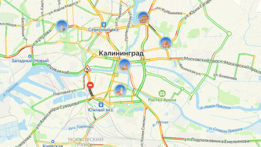 Проехать в центре сложно: карта пробок в Калининграде на вторник - Новости Калининграда | Скриншот сервиса «Яндекс.Карты»