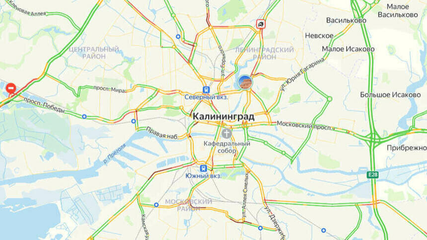 Ситуация — 7 баллов: карта пробок в Калининграде на утро среды - Новости Калининграда | Скриншот сервиса «Яндекс.Карты»