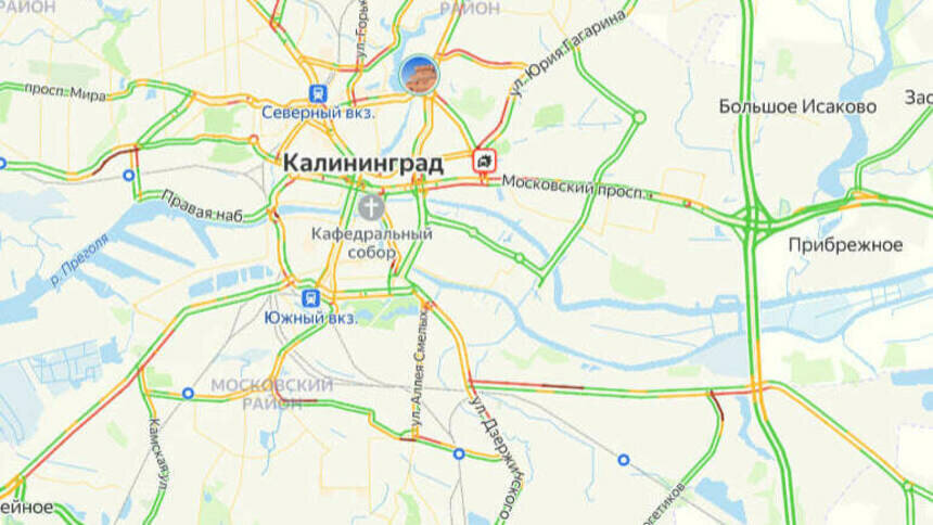 На Моспроспекте оборвались провода, троллейбус встал: карта пробок в Калининграде на утро понедельника - Новости Калининграда | Скриншот сервиса «Яндекс.Карты»