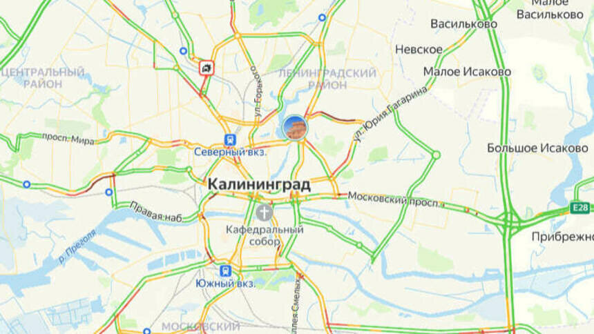 Одна авария: карта пробок в Калининграде на утро вторника - Новости Калининграда | Скриншот сервиса «Яндекс.Карты»