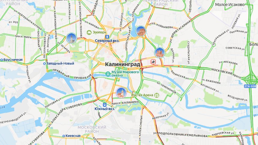 Утром четверга калининградские водители застряли в 7-балльных пробках  - Новости Калининграда | Иллюстрация: скриншот сервиса «Яндекс.Карты» 
