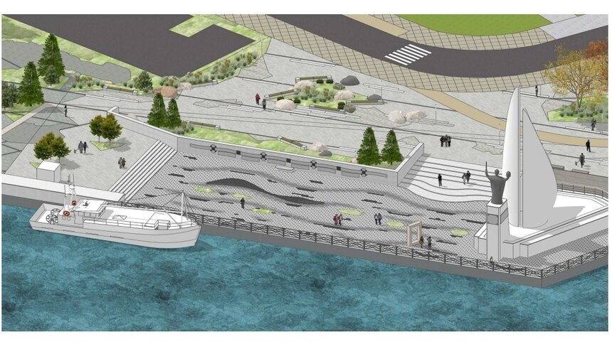 У Философского моста в Калининграде поставят большую волнообразную скамейку и кадки с сакурой - Новости Калининграда | Эскиз: пресс-служба администрации Калининграда