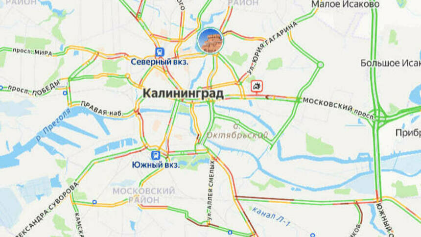 Одна авария: карта пробок в Калининграде на утро вторника - Новости Калининграда | Скриншот сервиса «Яндекс. Карты»