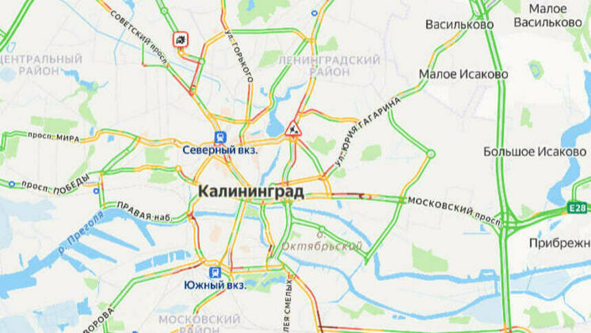 Ситуация — 7 баллов. Карта пробок в Калининграде на утро понедельника - Новости Калининграда | Скриншот сервиса «Яндекс. Карты»