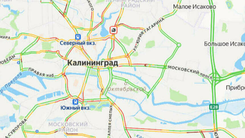 Одно ДТП. Карта пробок в Калининграде на утро среды - Новости Калининграда | Скриншот сервиса «Яндекс. Карты»