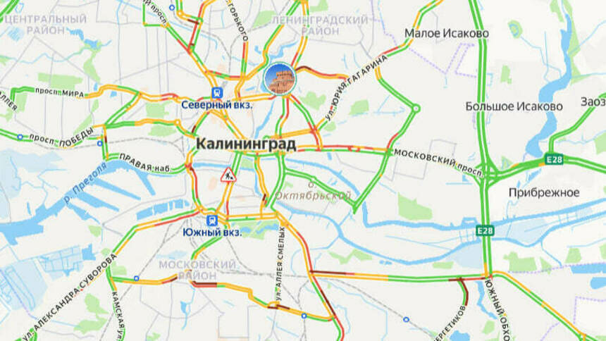 Ситуация — 7 баллов. Карта пробок в Калининграде на утро понедельника - Новости Калининграда | Скриншот сервиса «Яндекс. Карты»