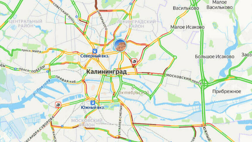 Две аварии. Карта пробок в Калининграде на утро пятницы - Новости Калининграда | Скриншот сервиса «Яндекс. Карты»