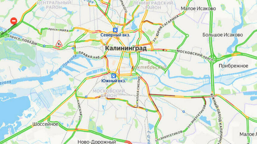 Ситуация — 8 баллов. Карта пробок в Калининграде на утро среды - Новости Калининграда | Скриншот сервиса «Яндекс. Карты»