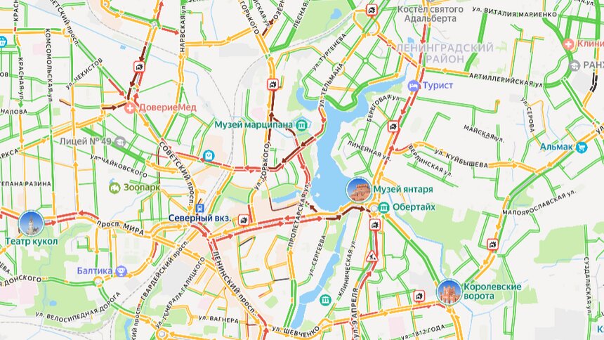 В Калининграде восемь ДТП закупорили движение автомобилей в центр города  - Новости Калининграда | Иллюстрация: скриншот сервиса «Яндекс.Карты» 