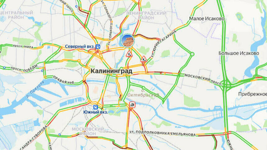Ситуация — 8 баллов. Карта пробок в Калининграде на утро вторника - Новости Калининграда | Скриншот сервиса «Яндекс. Карты»