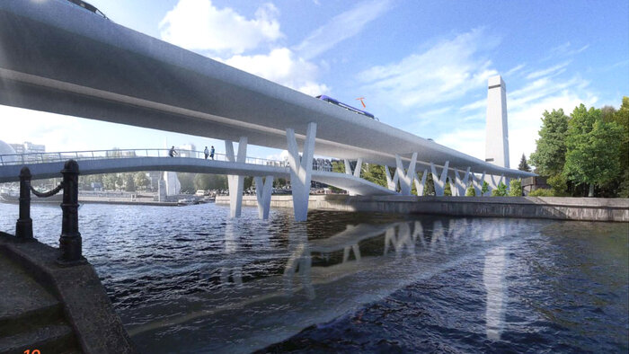 Архитектор Михаил Никоненко считает, что главная проблема проекта обновления эстакады - его стандартность, а для центра нужно что-то особенное. Он хочет разделить потоки транспорта и вело-пешеходной связи - условно, создать три узких моста: два транспортных в разные стороны движения и один вело-пешеходный для возможности попасть на остров Канта | Фото: проект из тг-канала администрации Калининграда