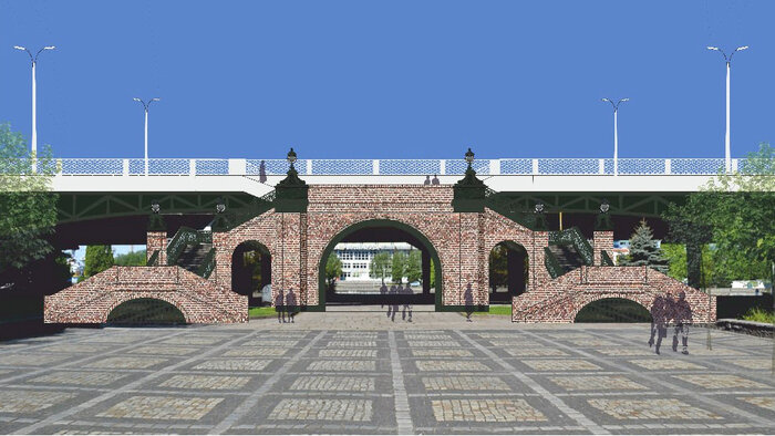 Архитектор Сергей Чечин считает, что мост из чисто функционального сооружения должен превратиться в часть современного культурного ландшафта. В месте возможного спуска на остров Канта можно использовать компиляцию из классической кирпичной архитектуры - пешеходной лестницы - и суперсовременной конструкции пролётов новой эстакады | Фото: проект из тг-канала администрации Калининграда