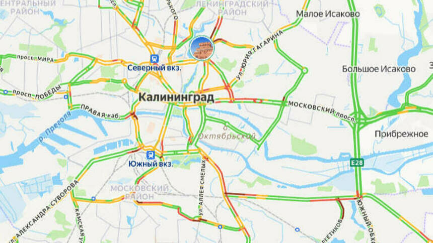 Центр города красный: карта пробок в Калининграде на утро среды - Новости Калининграда | Скриншот сервиса «Яндекс. Карты»