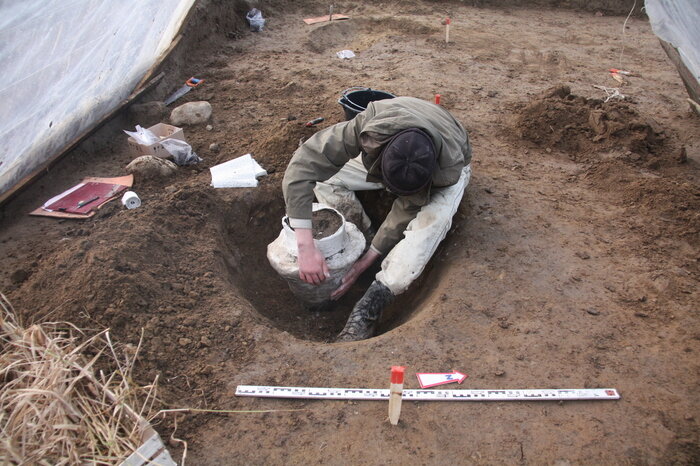 Фото сделано на территории некрополя в окрестностях Алейки. Происходит гипсовка погребальной урны V века н.э. для последующего изучения в лаборатории. | Фото: архив сотрудника Института археологии РАН Константина Скворцова