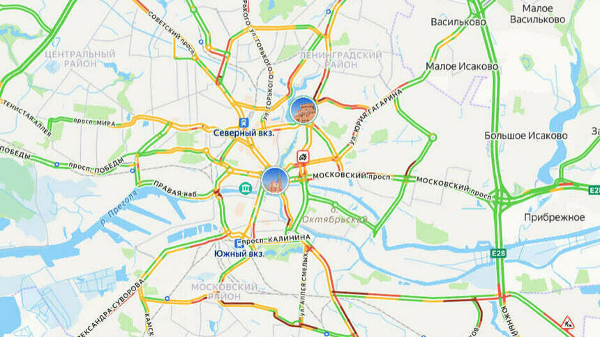 Ситуация — 8 баллов: карта пробок в Калининграде на утро среды - Новости Калининграда | Скриншот сервиса «Яндекс. Карты»