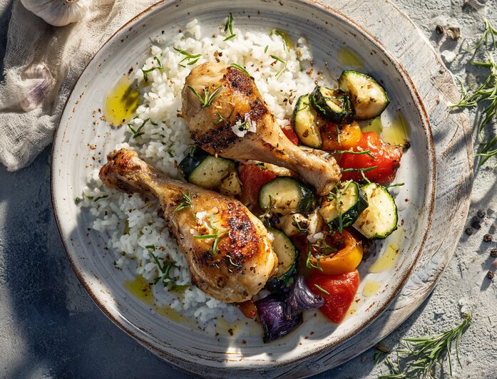 Завтрак: куриная грудка, авокадо, ржаной хлеб, помидор. Обед: рис, куриные голени, овощи гриль. Ужин: котлета, овощной салат. | Иллюстрация: Ксения Александрова / Midjourney