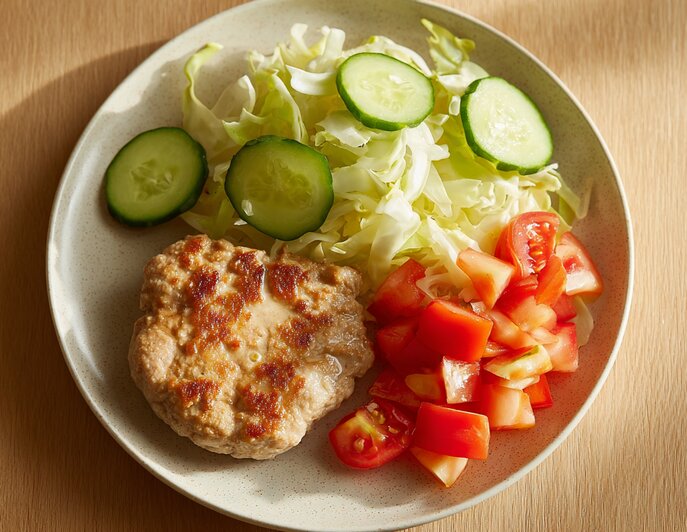 Завтрак: куриная грудка, авокадо, ржаной хлеб, помидор. Обед: рис, куриные голени, овощи гриль. Ужин: котлета, овощной салат. | Иллюстрация: Ксения Александрова / Midjourney