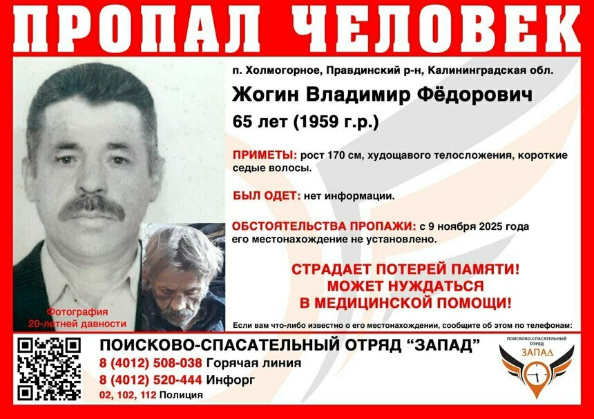 В Калининградской области в посёлке Холмогорное пропал 65-летний мужчина - Новости Калининграда | Фото: ПСО &quot;Запад&quot;