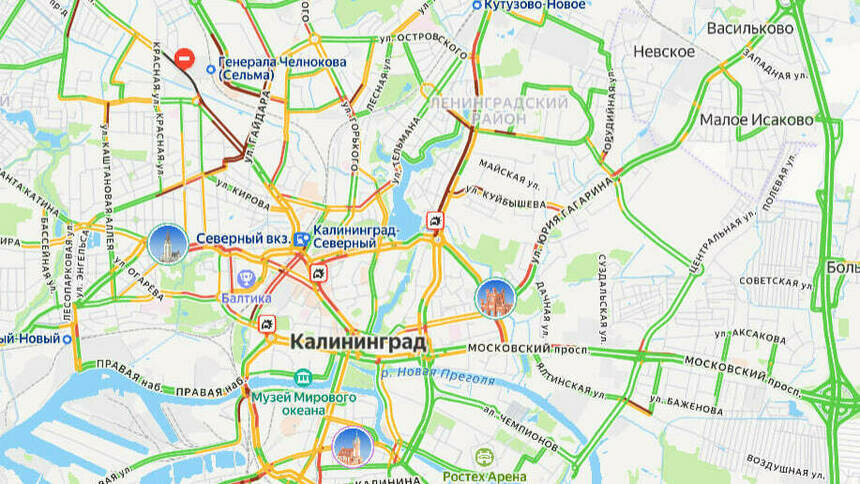 Ситуация — 8 баллов: карта пробок в Калининграде на утро понедельника - Новости Калининграда | Скриншот сервиса «Яндекс. Карты»