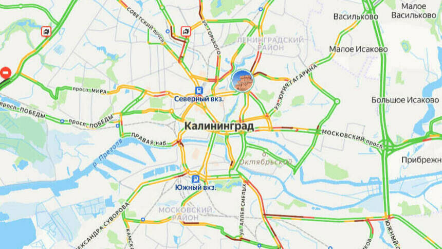 Две аварии: карта пробок в Калининграде на утро пятницы - Новости Калининграда | Скриншот сервиса «Яндекс. Карты»