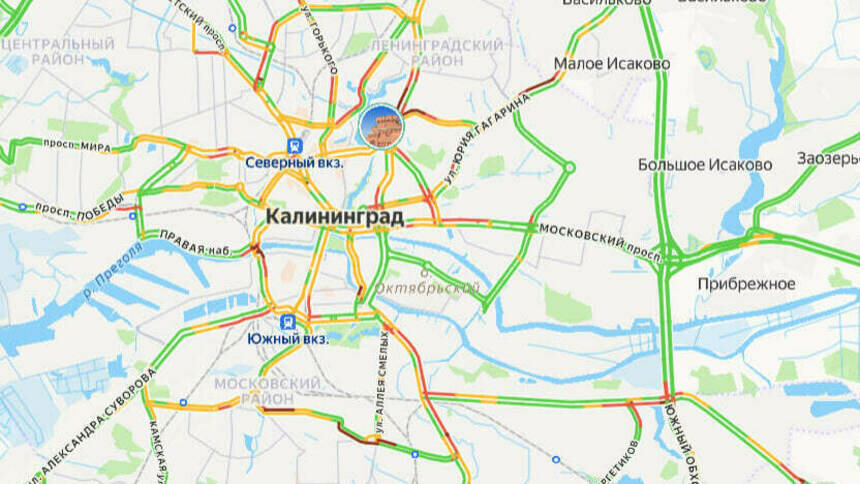 Ситуация — 7 баллов: карта пробок в Калининграде на утро среды - Новости Калининграда | Скриншот сервиса «Яндекс. Карты»