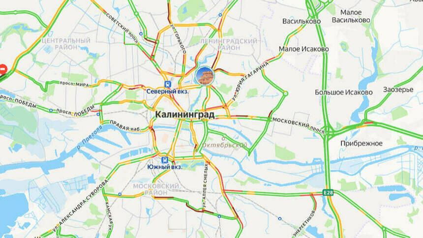 В центре местами проехать сложно: карта пробок в Калининграде на утро четверга - Новости Калининграда | Скриншот сервиса «Яндекс. Карты»