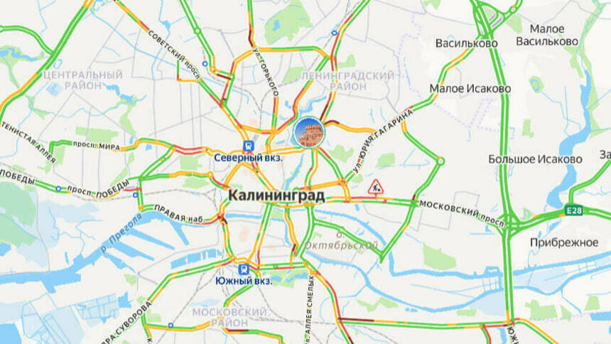Ситуация — 7 баллов: карта пробок в Калининграде на утро пятницы - Новости Калининграда | Скриншот сервиса «Яндекс. Карты»